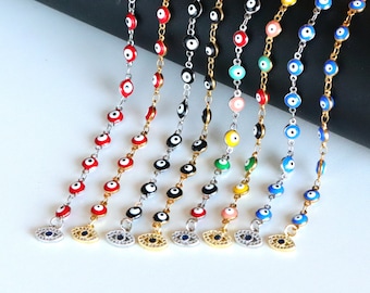 Evil Eye Charm Bracelet, Stainless Steel Gold & Silver Beaded Chain, Multicolor Protection Jewelry, Evil Eye Anklet