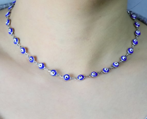 Blue Evil Eye Protection Necklace, Stainless Steel Beaded Chain, No Tarnish Jewelry