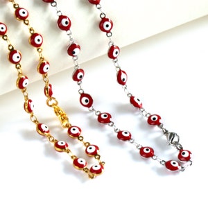 Red Evil Eye Stainless Steel Beaded Choker: Protection Necklace