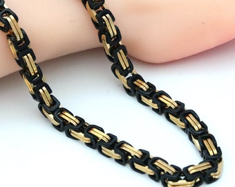 Black Gold Byzantine Chain Necklace: Stainless Steel Flat Link