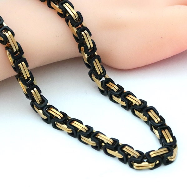 Black Gold Byzantine Chain Necklace, Stainless Steel Flat Link Chain Necklace, Gifts for Him