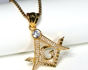 Gold Masonic Square & Compasses Pendant Necklace: Freemason Jewelry Gift