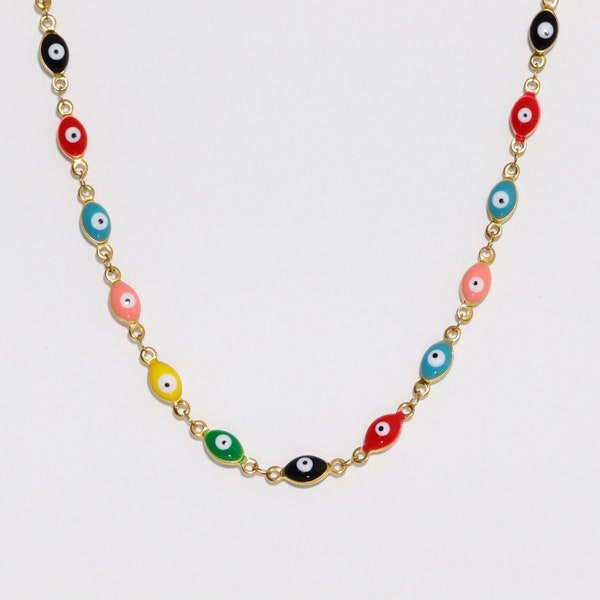 Oval Multicolor Evil Eye Beaded Necklace in Stainless Steel, Protection Necklace, Tarnish Free Necklace, Choker Necklace
