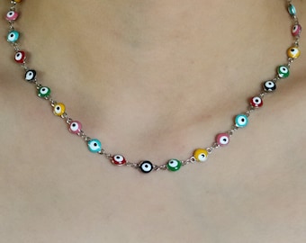 Multicolor Enamel Evil Eye Necklace: Stainless Steel Beaded Satellite Chain