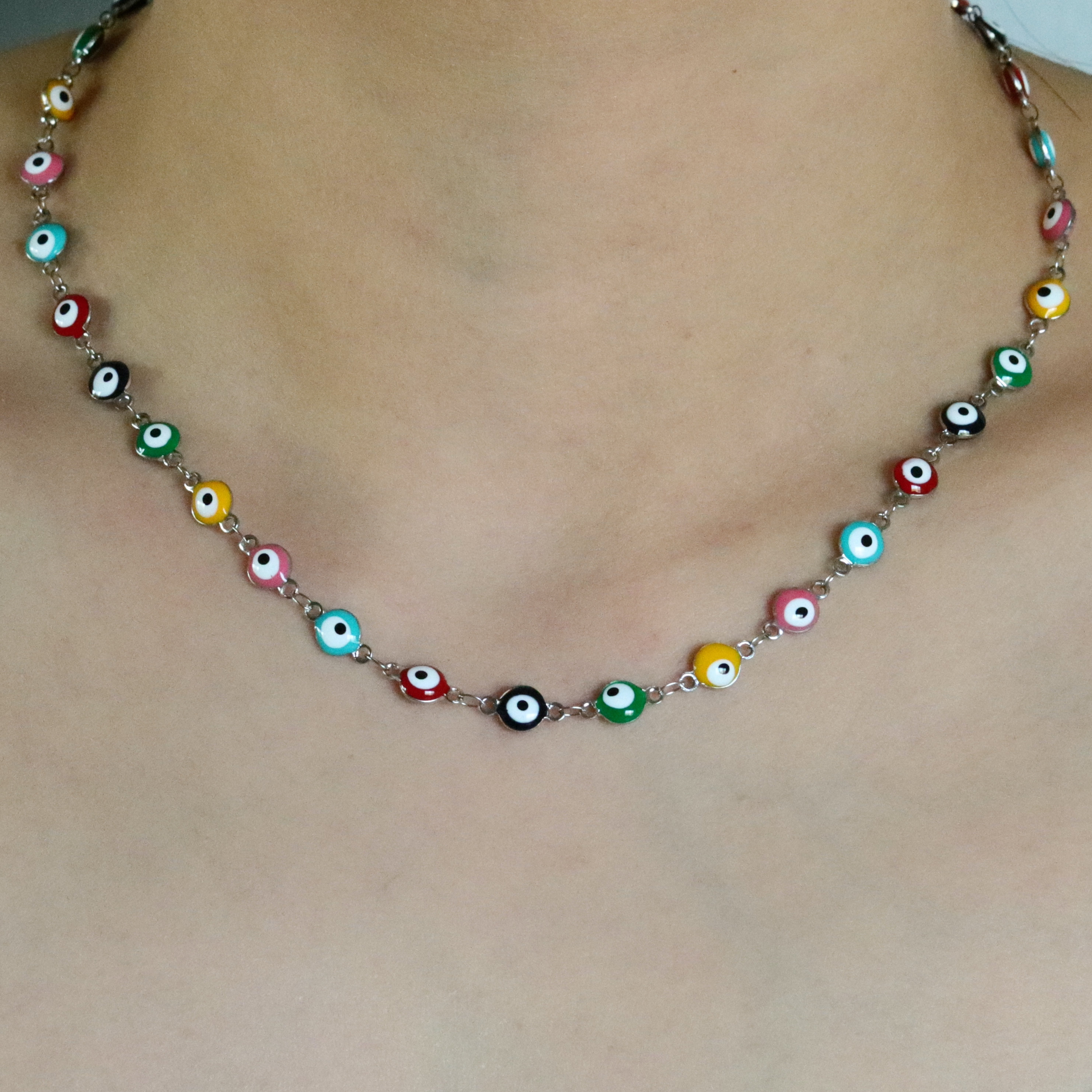 Evil Eye Necklace Multicolor Enamel Stainless Steel Beaded Chain Silv…