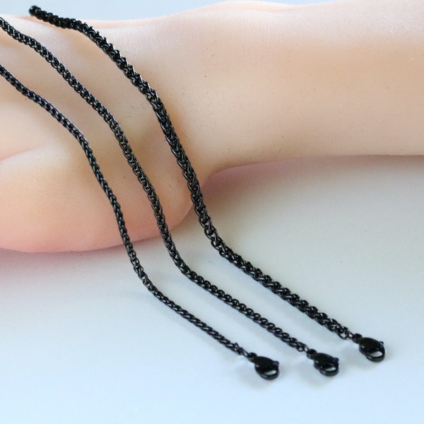 Black Wheat Chain Necklace Stainless Steel, 2mm, 2.5mm, 3mm Thick Spiga Chain for Jewelry Making, Chain Findings, Wholesale Supplies