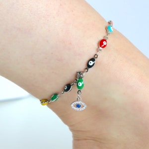 Evil Eye Charm Anklet, Stainless Steel Gold Silver Beaded Anklet, Multicolor Eye Anklet for Protection, Tarnish Free Anklet