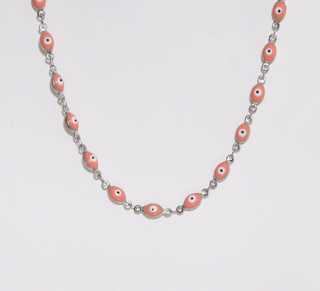 Pink Evil Eye Choker Necklace, Stainless Steel Beaded Necklace