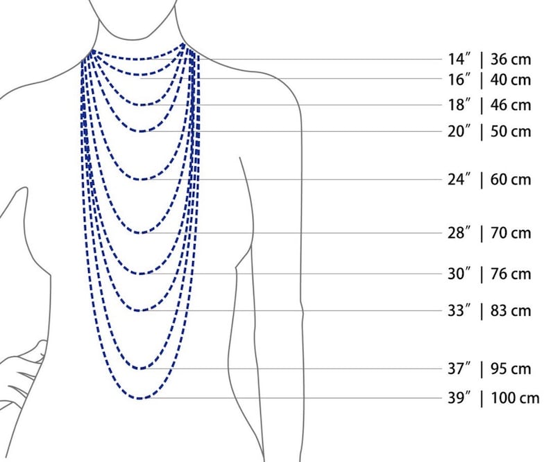 May include: Diagram showing different necklace lengths in inches and centimeters. The lengths range from 14 inches to 39 inches, or 36 centimeters to 100 centimeters.