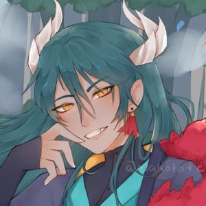May include: A digital illustration of a person with long teal hair and white horns. They are wearing a teal and purple outfit with a red scarf. They have a sly smile on their face.
