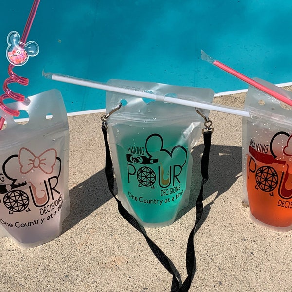 Making Pour Decisions Mickey or Minnie Adult Reusable Drink Pouches/Epcot Drinking Around the World/Disney Day Drinking/Epcot drink pouches
