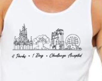 Camiseta sin mangas del desafío de 1 día de 4 parques aceptada/Diseño de 4 parques de Disney World/Magic Kingdom/Animal Kingdom/Epcot/Hollywood Studios/Park Hop Disney