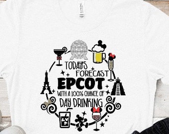 May include: White t-shirt with a black and white graphic design featuring a circle with the text "Today's Forecast: Epcot with a 100% chance of Day Drinking". The graphic includes images of a Mickey Mouse head, a beer mug, a cocktail glass, a Spaceship Earth icon, and a Eiffel Tower.