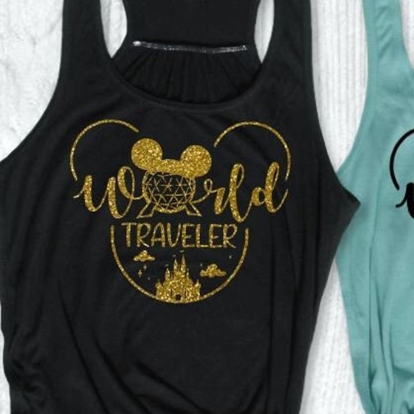 World Traveler Glitter or Foil Tank/Epcot Drinking Shirt/Food and Wine Tank/Disney Day Drinking/Glitter Foil  Plain World Traveler Tank