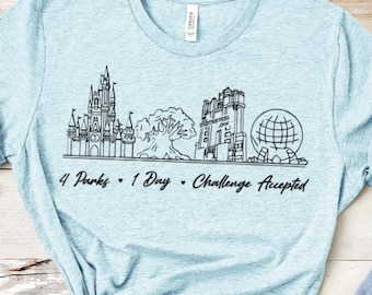 4 Park 1 Day challenge Accepted Shirt/Disney World Park Hop Shirt/Cinderella Castle/Epcot Spaceship Earth/Tree of Life/Hollywood Tower Hotel
