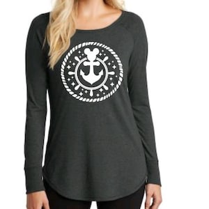 May include: Dark grey long-sleeved top with a white nautical design. The design includes an anchor, Mickey Mouse ears, and a rope circle. The top has a scoop neck and a curved hemline.
