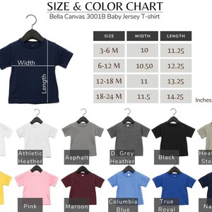 May include: Size and color chart for Bella Canvas 3001B baby jersey t-shirts. The chart shows the width and length in inches for sizes 3-6 months to 18-24 months. Available colors include white, athletic heather, black, and navy.