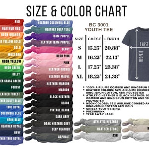 May include: A size and color chart for youth tees, featuring a variety of colors like red, neon orange, and true royal. The chart includes chest and length measurements in inches for sizes S to XL, along with fabric details.