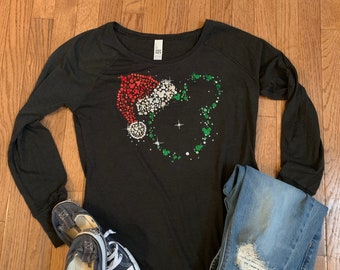 Glitter Santa Mickey  or Minnie Head Women's Long Sleeve Tunic/Glitter Sparkle Mickey or Minnie Head/Disney Christmas Shirt/Matching Disney