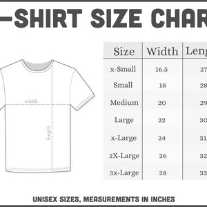 May include: A t-shirt size chart with measurements in inches. The chart includes sizes from x-small to 3x-large, with corresponding width and length measurements. A diagram of a t-shirt is also included.