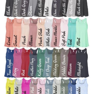 May include: A collection of 36 different colored tank tops with various fabric textures, including slub, marble, heather, and solid colors. The tank tops are arranged in four rows of nine.