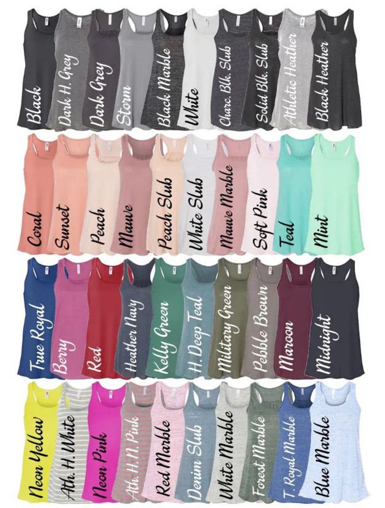 May include: A collection of 36 different colored tank tops with various fabric textures, including slub, marble, heather, and solid colors. The tank tops are arranged in four rows of nine.