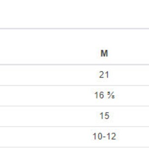 May include: Size chart for a garment with measurements in inches for sizes small, medium, and large. The chart includes body length back, body length front, and body width. US sizes are also listed.