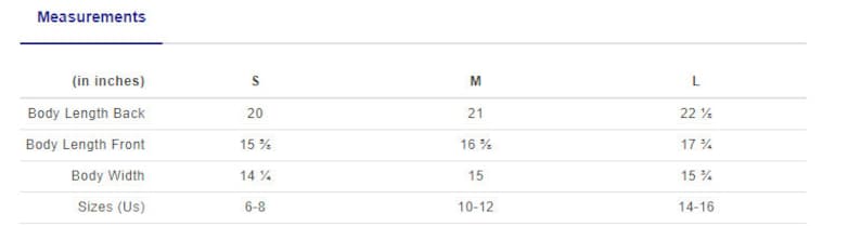 May include: Size chart for a garment with measurements in inches for sizes small, medium, and large. The chart includes body length back, body length front, and body width. US sizes are also listed.