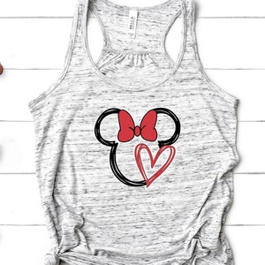 May include: Gray tank top with a black and red graphic of Mickey Mouse's head with a red bow and heart.