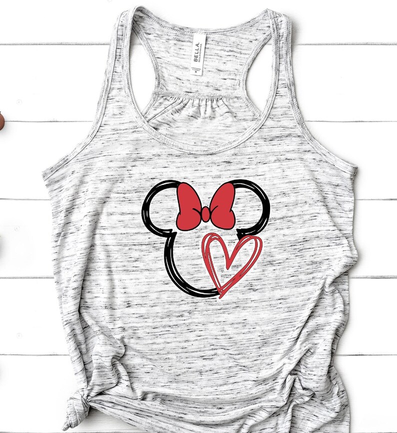May include: Gray tank top with a black and red graphic of Mickey Mouse's head with a red bow and heart.