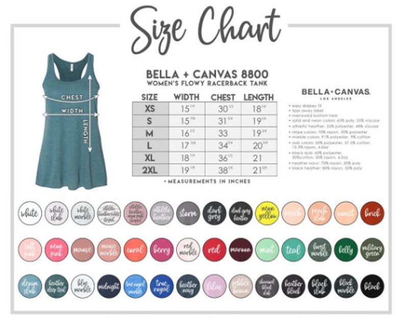 May include: Size chart for a Bella + Canvas 8800 women's flowy racerback tank top. The chart includes measurements in inches for width, chest, and length, ranging from XS to 2XL. Color swatches are displayed below the chart.