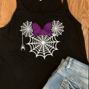 Glow in the Dark Minnie Spiderweb Racerback Tank Top Women&#39;s and Kids/Halloween Minnie/Minnie Bow Shirt/ Disney Halloween/Glow in dark tank