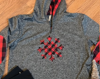 Buffalo Plaid Snowflake on Hoodie, Buffalo Plaid Accent Sleeves, Buffalo Plaid Hoodie, Christmas Hoodie, Christmas Snowflake Hoodie