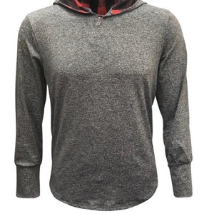 May include: A gray long-sleeved hooded shirt with a red and black plaid lining on the hood.