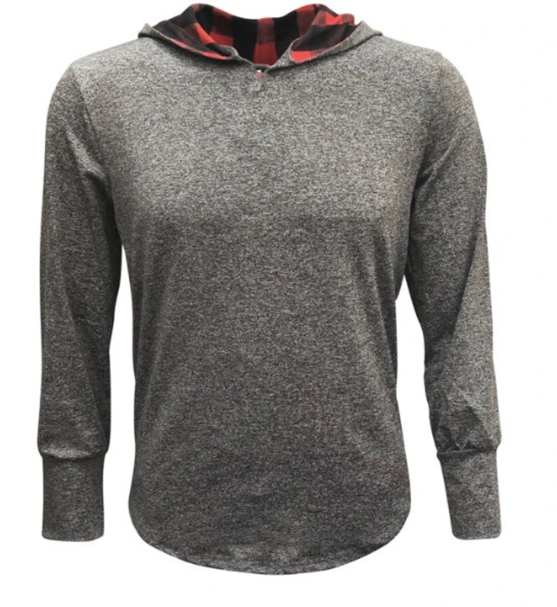 May include: A gray long-sleeved hooded shirt with a red and black plaid lining on the hood.