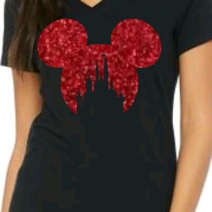 Minnie or Mickey Ears Castle Cutout  Women&#39;s V-neck Shirt or flowy Tank/Glitter Castle Shirt/Disney Castle Shirt/Disney glitter Castle shirt