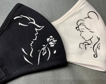 Sketched Belle  and/or Beast Face Mask, Beauty and the Beast, Belle Mask, Beast Mask, Custom Mask, Disney Mask, Disney Trip 2021