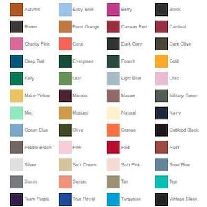May include: A color chart featuring a variety of hues, including Aqua, Army, Ash, and Asphalt. Each color is displayed in a small square with its name underneath. The chart includes shades like Autumn, Baby Blue, Berry, and Black.