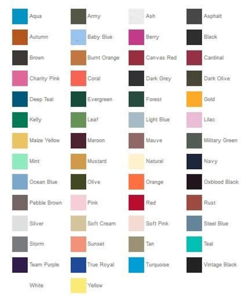 May include: A color chart featuring a variety of hues, including Aqua, Army, Ash, and Asphalt. Each color is displayed in a small square with its name underneath. The chart includes shades like Autumn, Baby Blue, Berry, and Black.