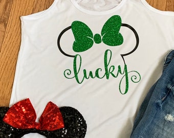 Minnie Ears Lucky Glitter Flowy Tank /Glitter Disney Shirt/Minnie Mouse Ears Shirt/St Patrick's Day Shirt/cute Disney Shirt/Minnie Tank Top