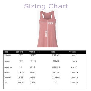 May include: Sizing chart for a tank top with measurements in inches for length and width. The chart also includes corresponding fit sizes for each size, ranging from 0-2 to 18-20.