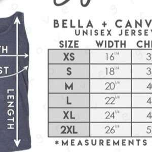May include: A navy blue Bella + Canvas 3480 unisex jersey tank top with size chart. The chart shows measurements in inches for width, chest, and length, ranging from XS to 2XL. The tank top is shown with arrows indicating width, chest, and length.