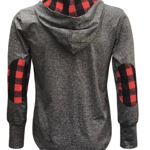 May include: Gray long-sleeve hooded sweatshirt with red and black plaid fabric on the hood and elbow patches.