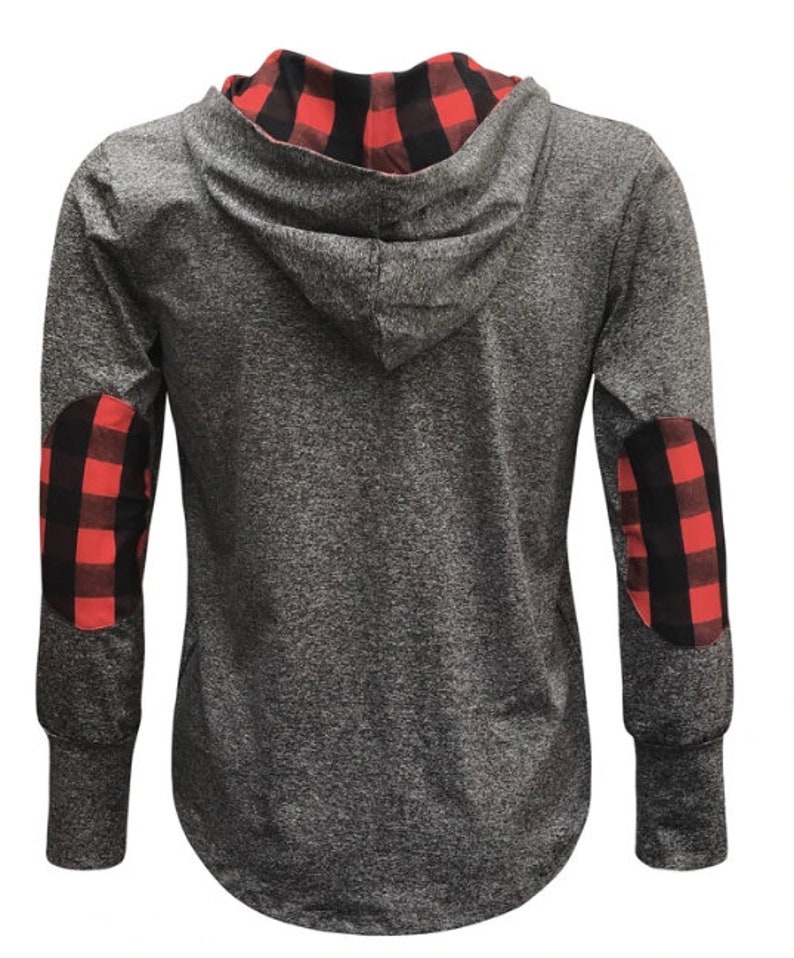 May include: Gray long-sleeve hooded sweatshirt with red and black plaid fabric on the hood and elbow patches.