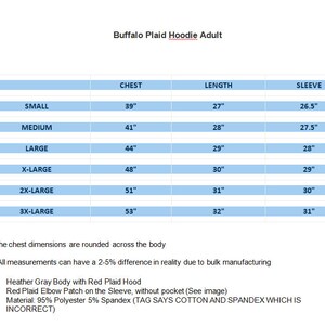 May include: Size chart for a Buffalo Plaid Hoodie. The chart shows chest, length, and sleeve measurements in inches for sizes small through 3X-large.