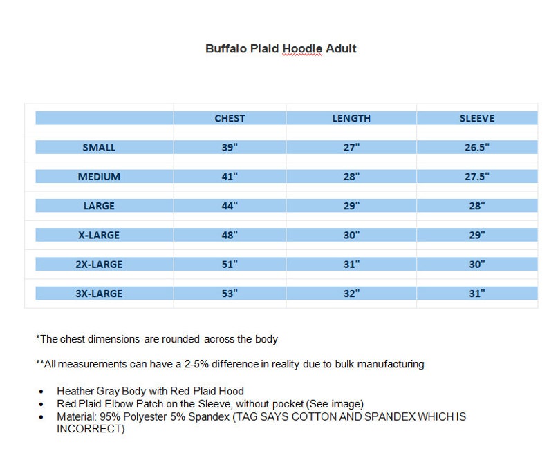 May include: Size chart for a Buffalo Plaid Hoodie. The chart shows chest, length, and sleeve measurements in inches for sizes small through 3X-large.