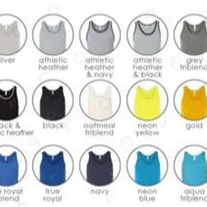 May include: A color chart of tank tops in various colors, including white, black, gray, blue, and red. Each tank top is displayed in a circle with the color name below it. The chart includes a wide range of shades and hues.