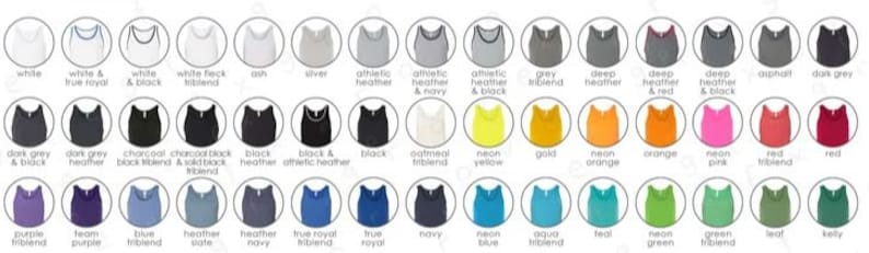 May include: A color chart of tank tops in various colors, including white, black, gray, blue, and red. Each tank top is displayed in a circle with the color name below it. The chart includes a wide range of shades and hues.