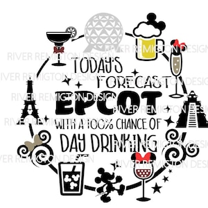 Könnte beinhalten: Ein schwarz-weißes Grafikdesign mit einem Kreis, der verschiedene Disney-Symbole zeigt, darunter den Eiffelturm, Spaceship Earth und einen Mickey-Mouse-Kopf. Der Text "Today's Forecast: EPCOT with a 100% chance of Day Drinking" befindet sich im Kreis.