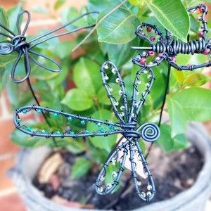 May include: Handmade metal dragonfly, scorpion, and spider sculptures. The black wire insects are adorned with colourful beads. The dragonfly has turquoise and clear beads. The scorpion and spider have red beads. The sculptures are displayed among green leaves.